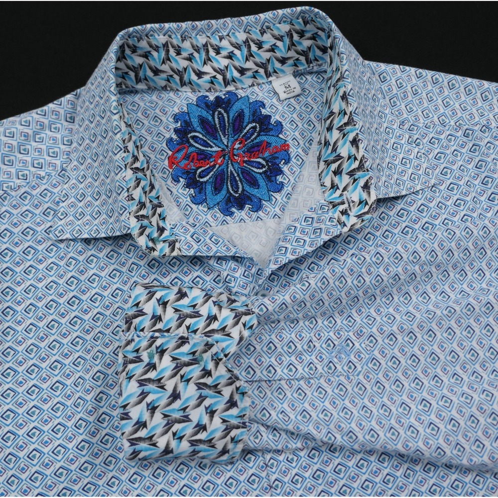Robert Graham Mens M Blue Geometric Button Down Shirt Stretch Classic Fit